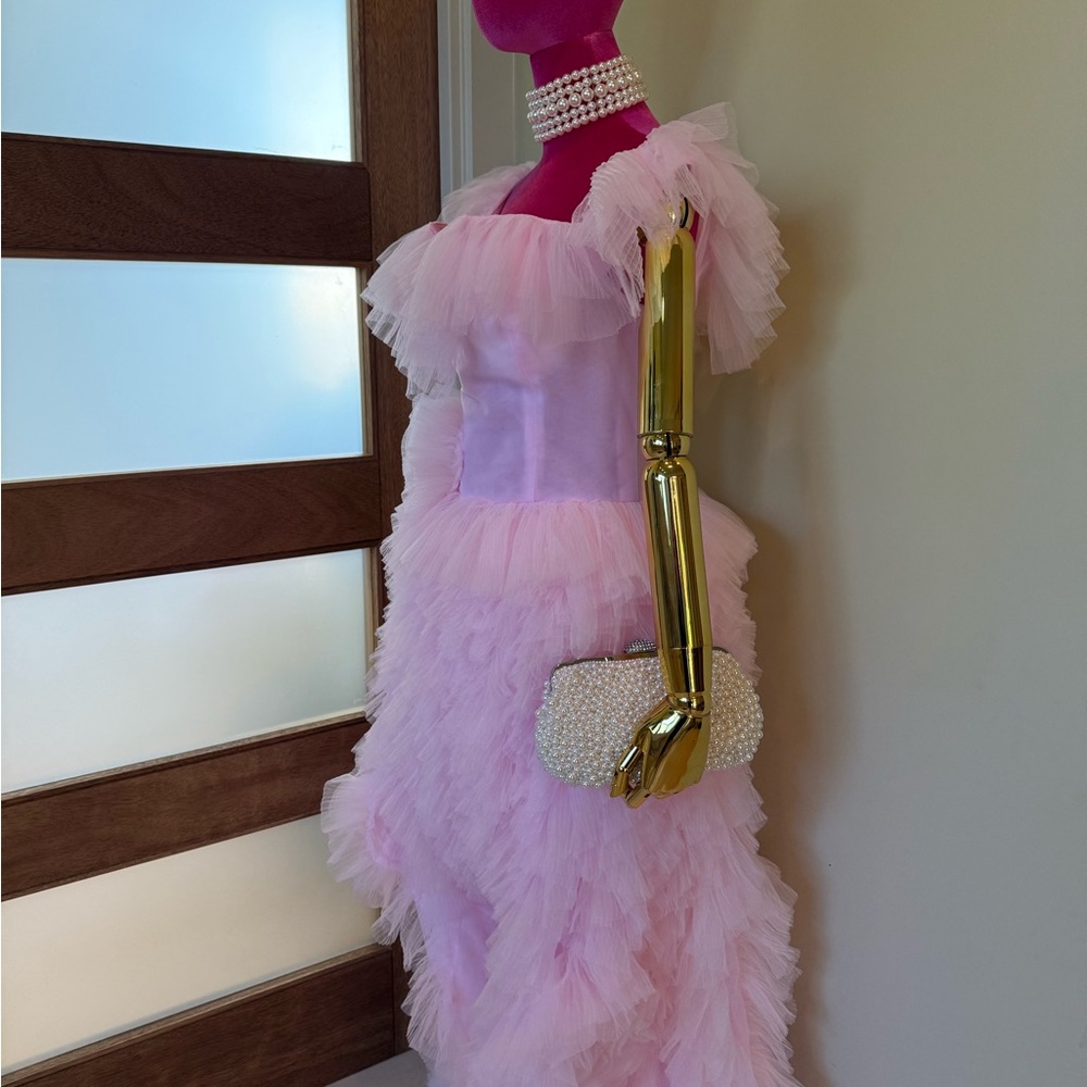 Pink Ruffled Off the Shoulder Prom
Dress with High Slit!  💗 - Picture 10 of 16